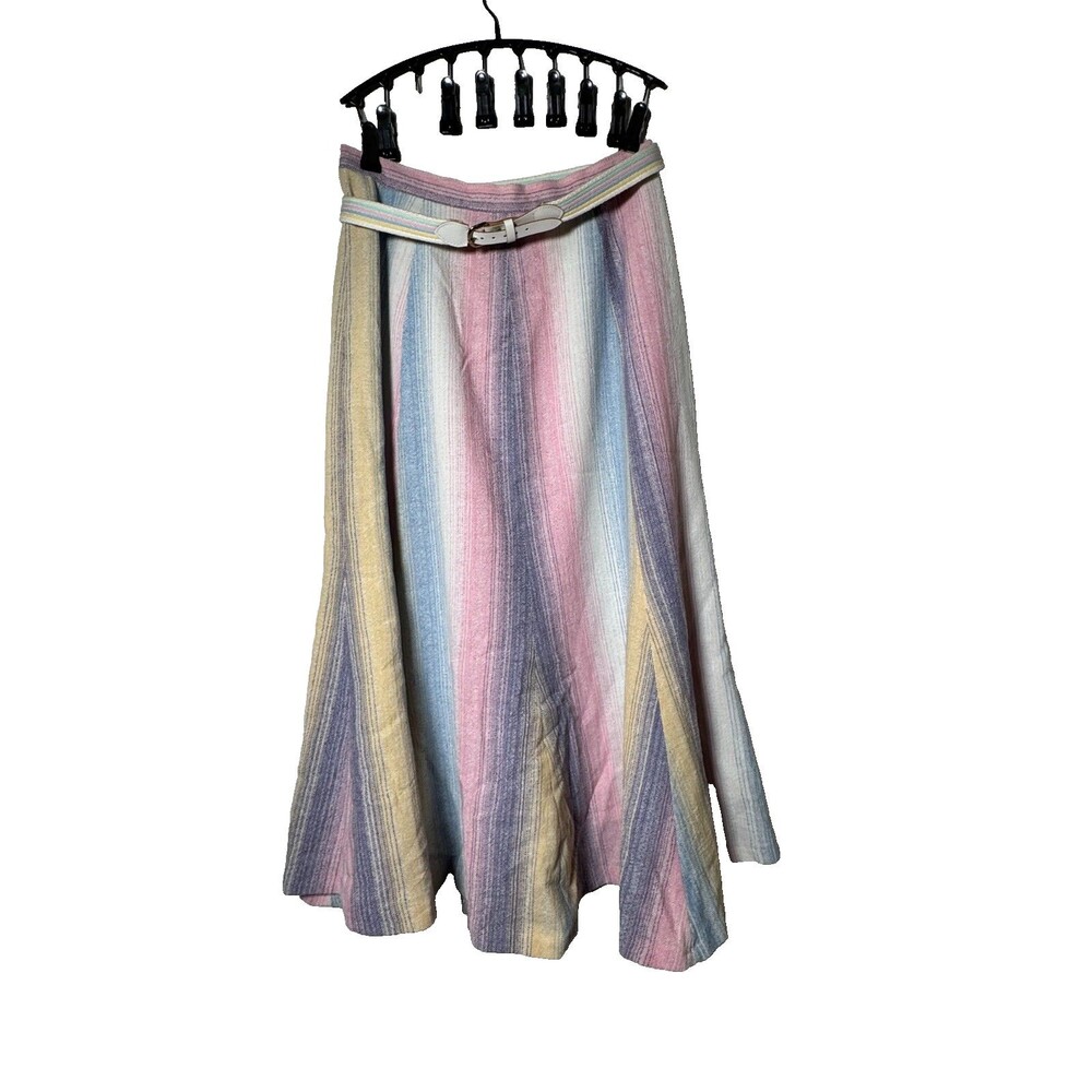 Beautiful vintage pastel striped midi skirt with matching belt. Made in the USA